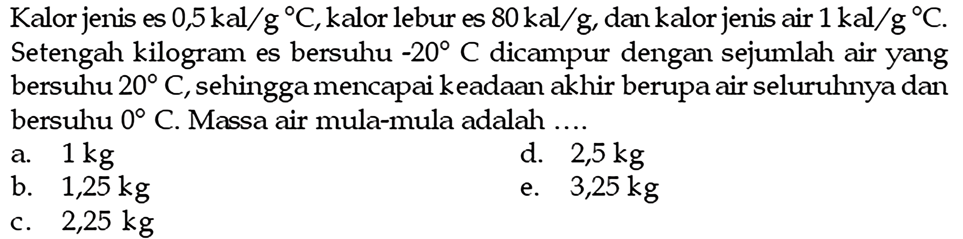 Kalor jenis es 0,5 kal/g C, kalor lebur es 80 kal/g, dan kalor jenis air 1 kal/g C. Setengah kilogram es bersuhu -20 C dicampur dengan sejumlah air yang bersuhu 20 C, sehingga mencapai keadaan akhir berupa air seluruhnya dan bersuhu 0 C. Massa air mula-mula adalah ....