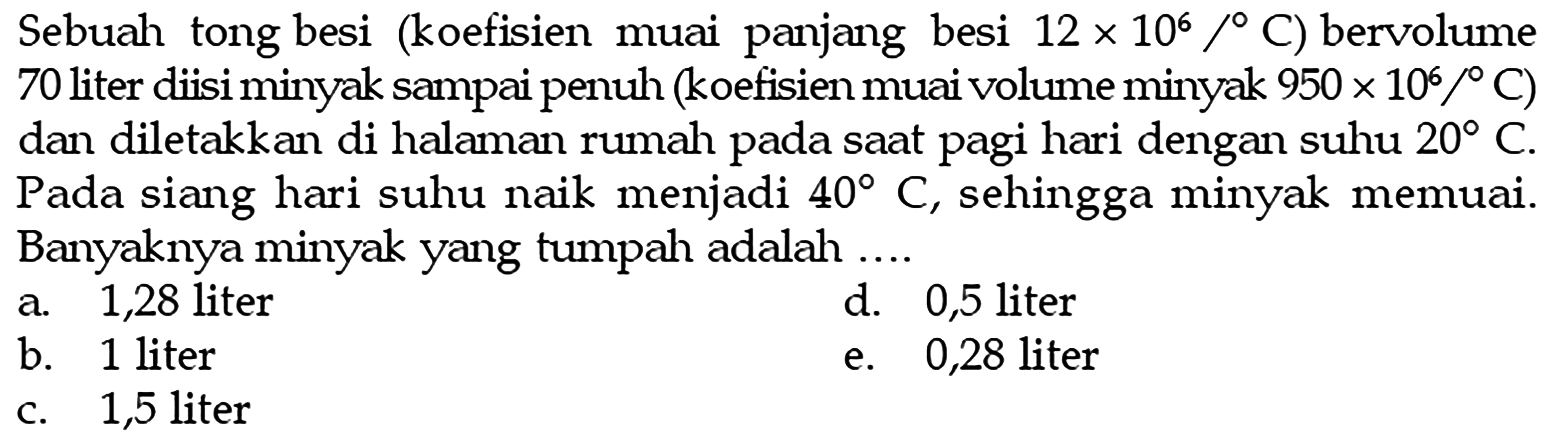 Sebuah tong besi (koefisien muai panjang besi  12 x 10^6/ C  ) bervolume 70 liter diisi minyak sampai penuh (koefisien muai volume minyak  950 x 10^6/ C  ) dan diletakkan di halaman rumah pada saat pagi hari dengan suhu  20 C . Pada siang hari suhu naik menjadi  40 C , sehingga minyak memuai. Banyaknya minyak yang tumpah adalah ....