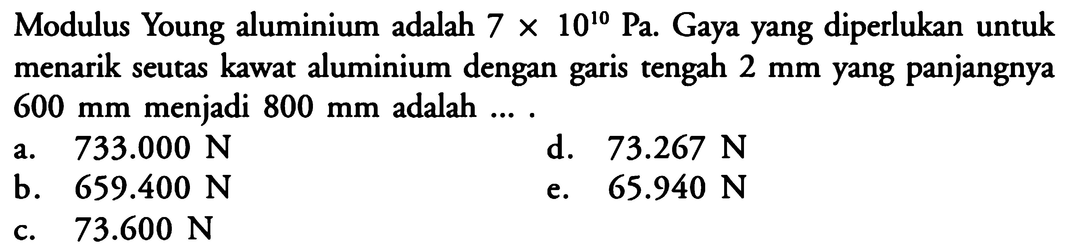 Modulus Young aluminium adalah  7 x 10^10 Pa . Gaya yang diperlukan untuk menarik seutas kawat aluminium dengan garis tengah  2 mm  yang panjangnya  600 mm  menjadi  800 mm  adalah ...