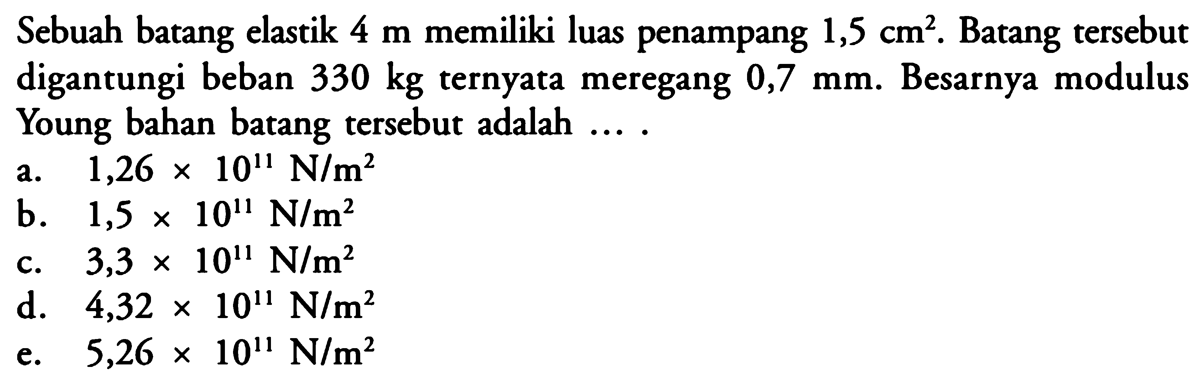 Sebuah batang elastik 4 m memiliki luas penampang 1,5 cm^2. Batang tersebut digantungi beban 330 kg ternyata meregang 0,7 mm. Besarnya modulus Young bahan batang tersebut adalah....