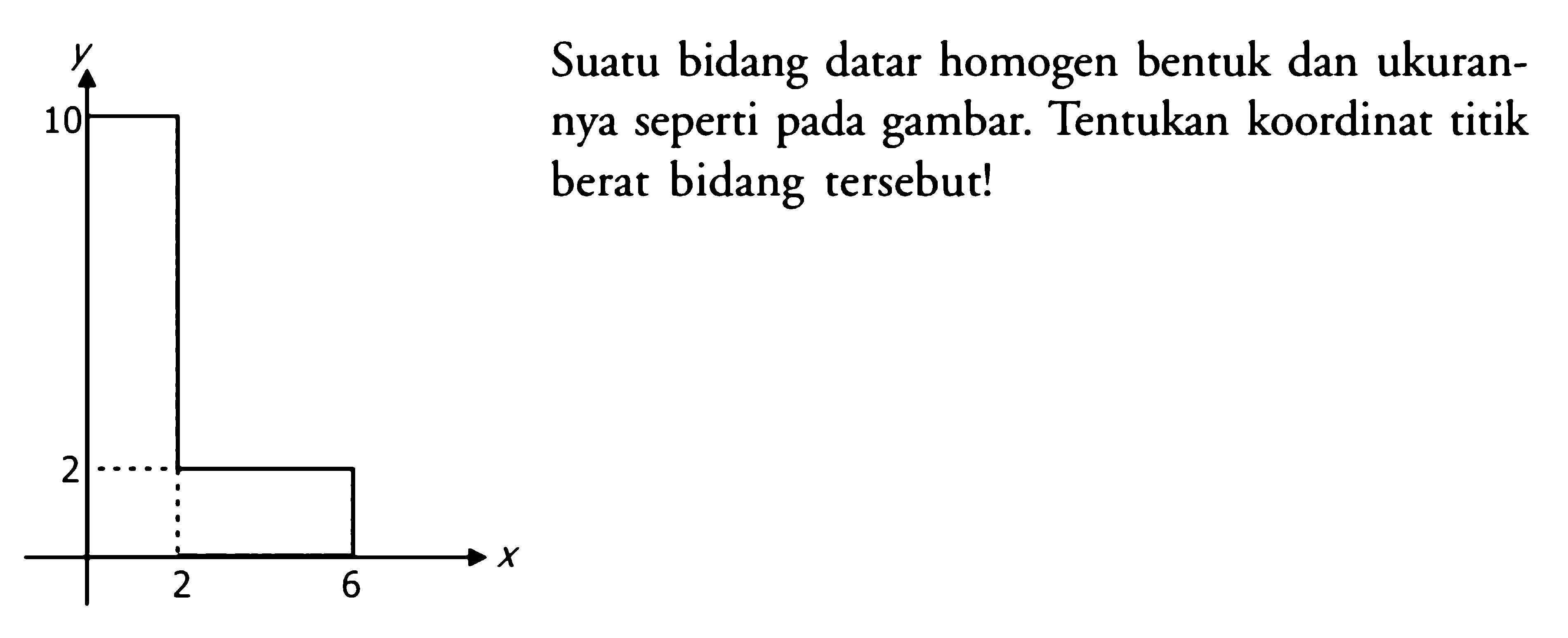 Suatu bidang datar homogen bentuk dan ukurannya seperti pada gambar. Tentukan koordinat titik berat bidang tersebut!