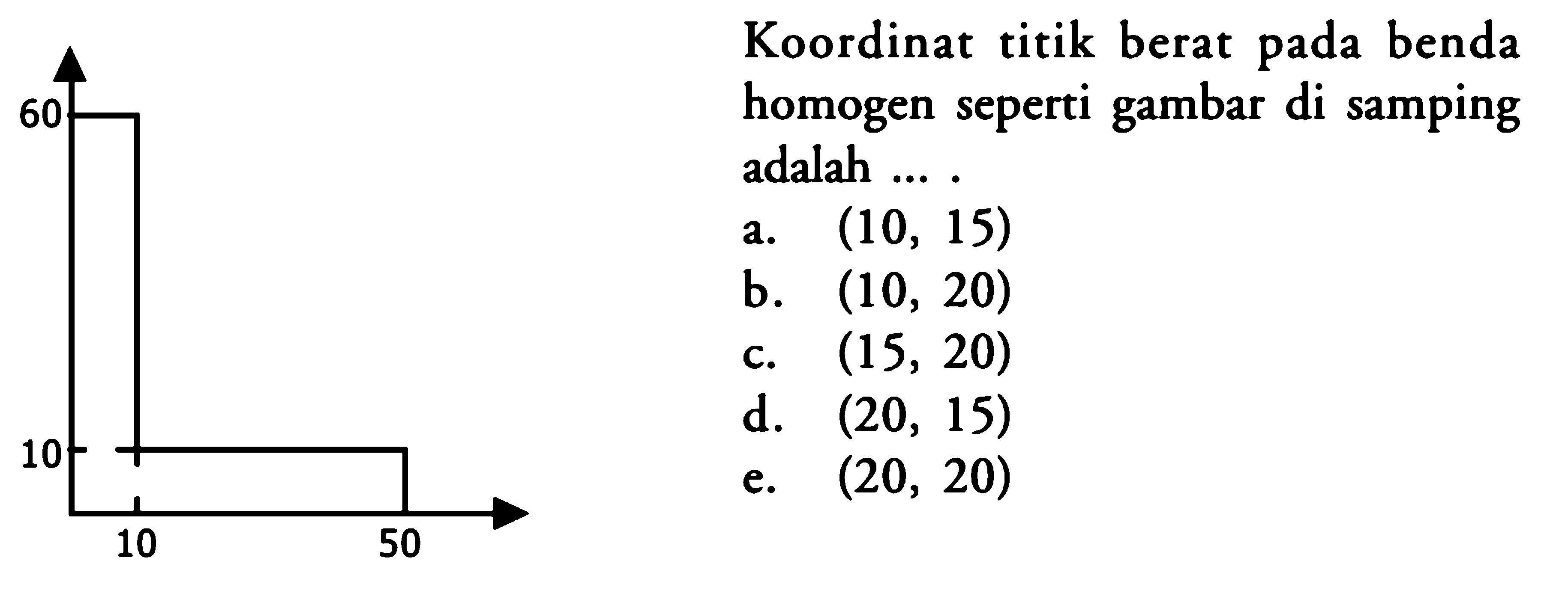 Koordinat titik berat benda pada homogen seperti gambar di samping adalah ... . 60 10 10 50 