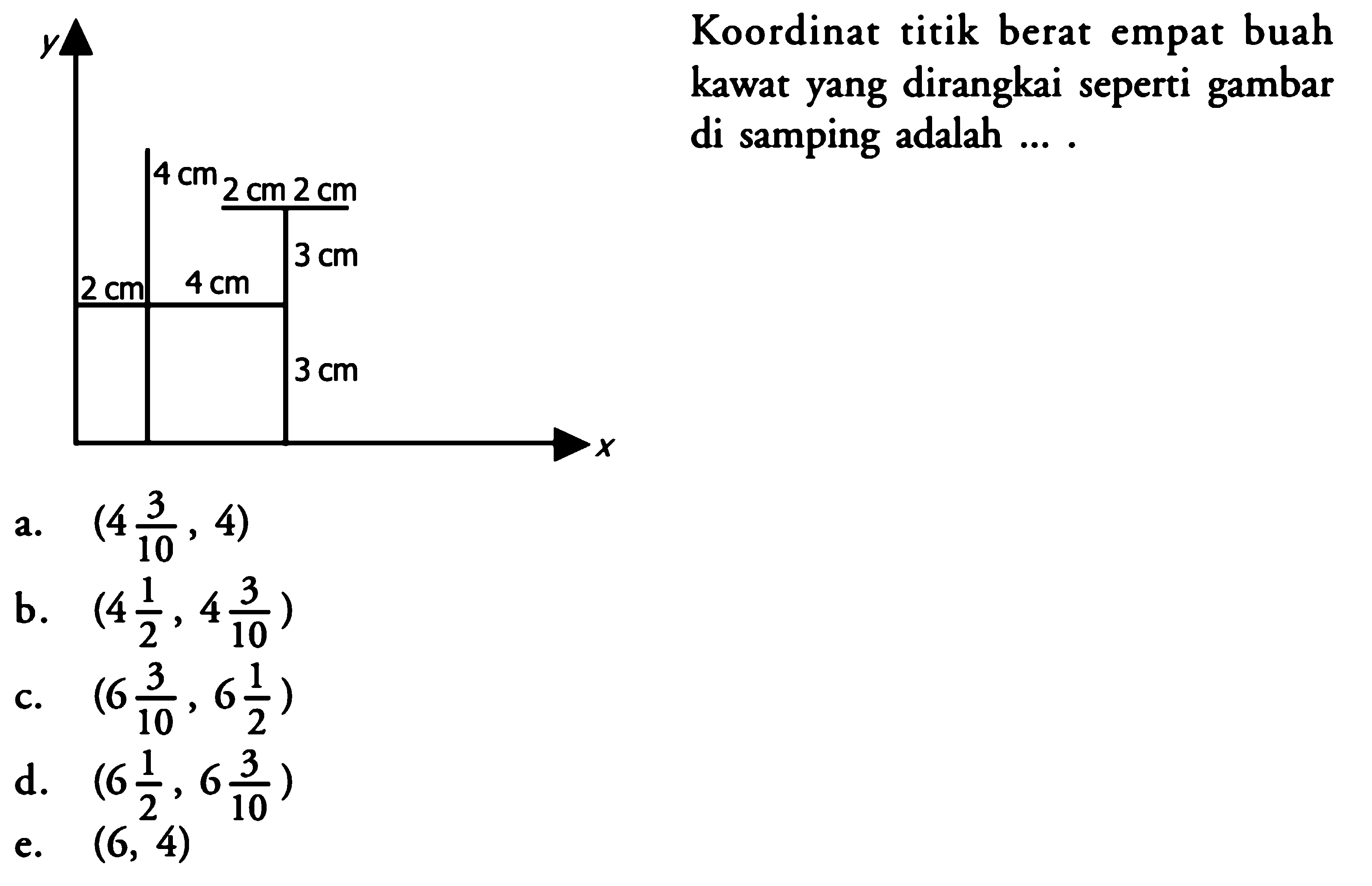 Koordinat titik berat empat buah kawat yang dirangkai seperti gambar di samping adalah .... 4 cm 2 cm 2 cm 3 cm 2 cm 4 cm 3 cm 