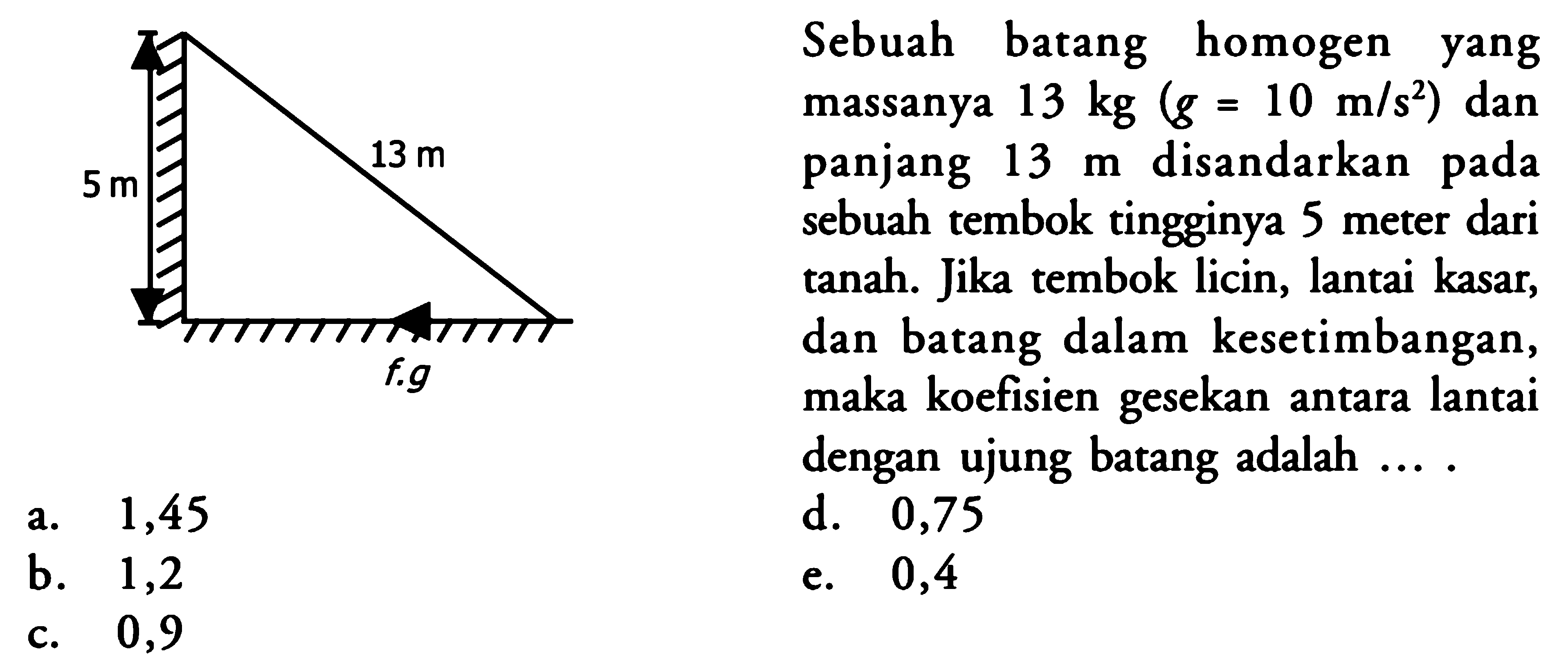 Sebuah batang homogen yang massanya 13 kg (g=10 m/s^2) dan panjang 13 m disandarkan pada sebuah tembok tingginya 5 meter dari tanah. Jika tembok licin, lantai kasar, dan batang dalam kesetimbangan, maka koefisien gesekan antara lantai dengan ujung batang adalah .... 13 m 5 m f.g 