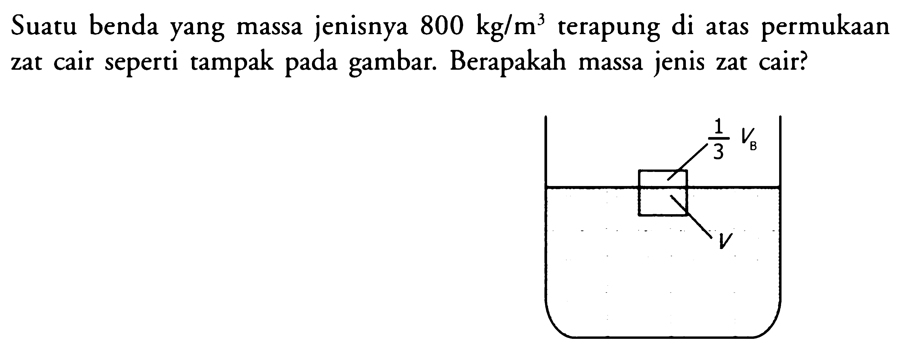 Suatu benda yang massa jenisnya 800 kg/m^3 terapung di atas permukaan zat cair seperti tampak pada gambar. Berapakah massa jenis zat cair? 1/3 VB V 