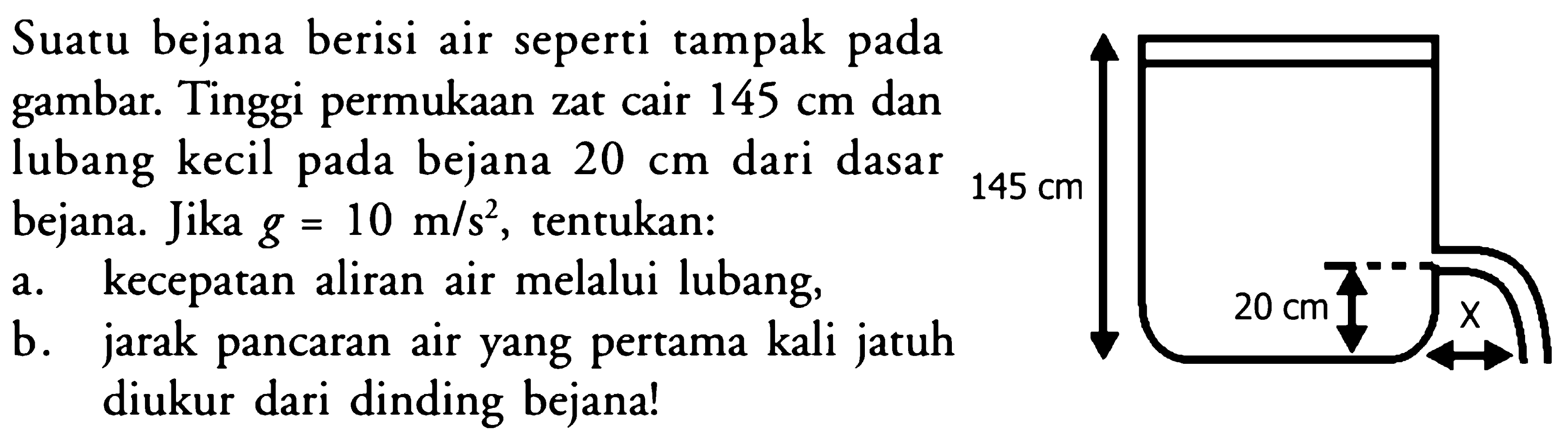 Suatu bejana berisi air seperti tampak pada gambar. Tinggi permukaan zat cair 145 cm dan lubang kecil pada bejana 20 cm dari dasar bejana. Jika g=10 m/s^2, tentukan: a. kecepatan aliran air melalui lubang, b. jarak pancaran air yang pertama kali jatuh diukur dari dinding bejana! 145 cm 20 cm x 