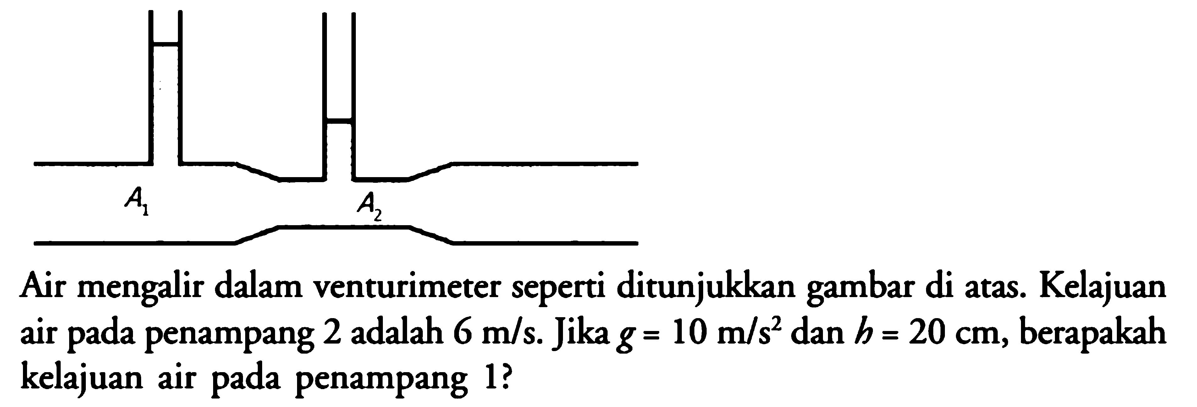 A1 A2 Air mengalir dalam venturimeter seperti ditunjukkan gambar di atas. Kelajuan air pada penampang 2 adalah 6 m/s. Jika g=10 m/s^2 dan h=20 cm, berapakah kelajuan air pada penampang 1? 