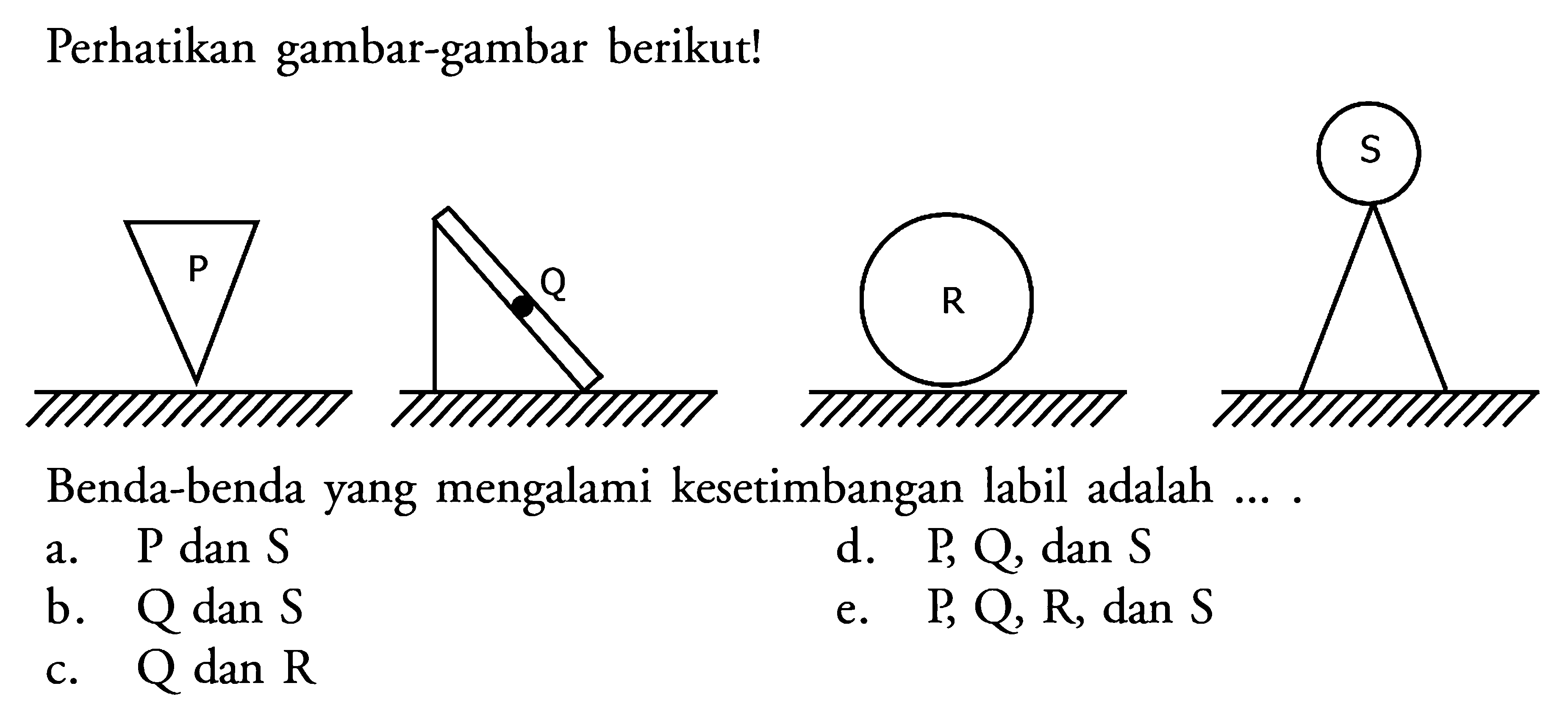 Perhatikan gambar-gambar berikut! P Q R S Benda-benda yang mengalami kesetimbangan labil adalah .... 