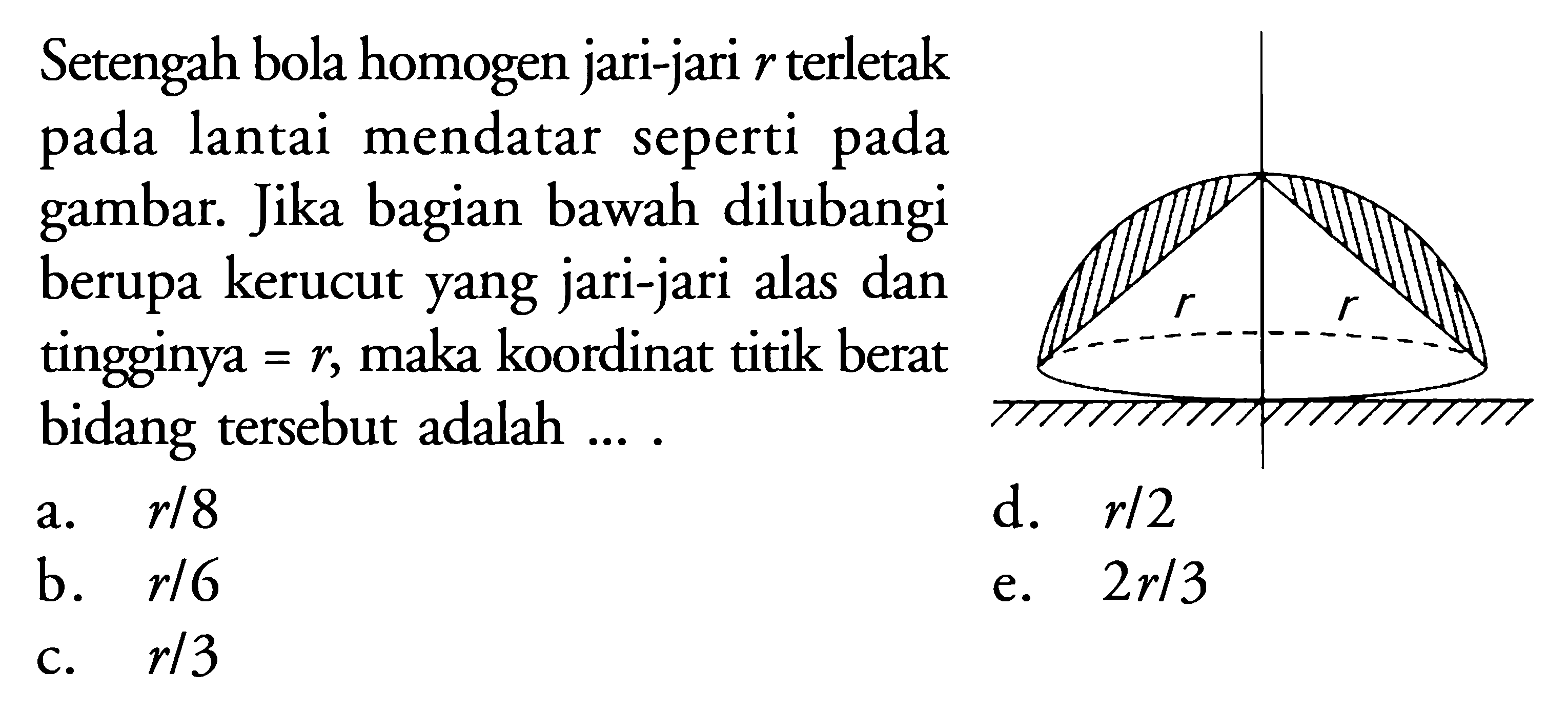 Setengah bola homogen jari-jari r terletak pada lantai mendatar seperti pada gambar. Jika bagian bawah dilubangi berupa kerucut yang jari-jari alas dan tingginya = r, maka koordinat titik berat bidang tersebut adalah ... . r r