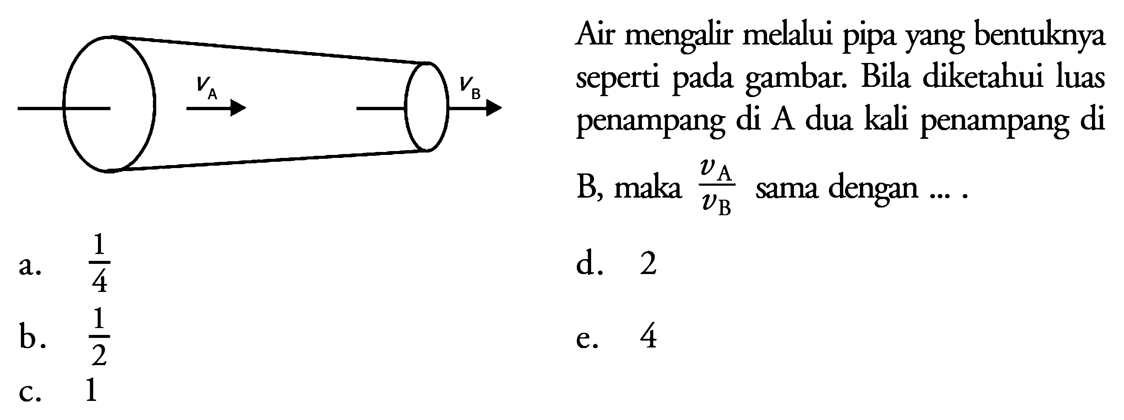 VA VB Air mengalir melalui pipa yang bentuknya seperti pada gambar. Bila diketahui luas penampang di A dua kali penampang di B, maka vA/vB sama dengan .... 