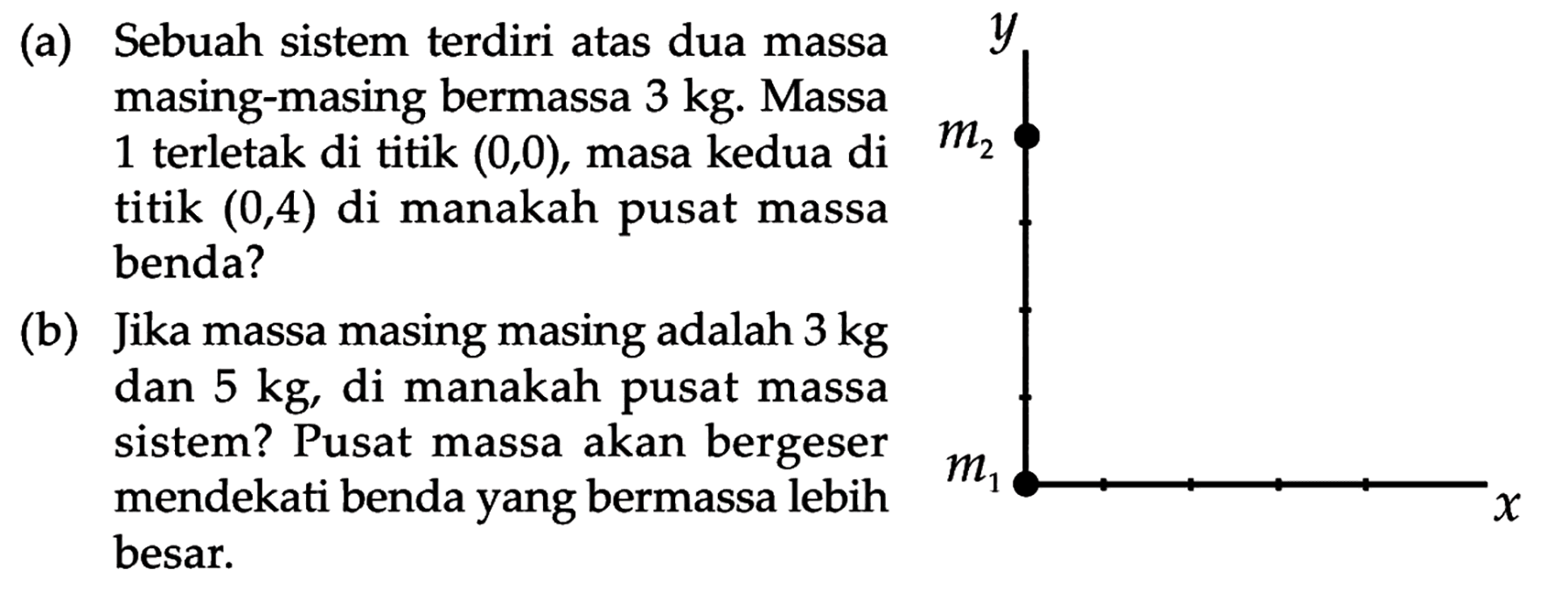 (a) Sebuah sistem terdiri atas dua massa masing-masing bermassa 3 kg. Massa 1 terletak di titik (0,0), masa kedua di titik (0,4) di manakah pusat massa benda?(b) Jika massa masing masing adalah 3 kg dan 5 kg, di manakah pusat massa sistem? Pusat massa akan bergeser mendekati benda yang bermassa lebih besar. m2 m1 