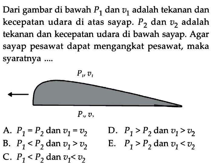 Dari gambar di bawah P1 dan v1 adalah tekanan dan kecepatan udara di atas sayap. P2 dan v2 adalah tekanan dan kecepatan udara di bawah sayap. Agar sayap pesawat dapat mengangkat pesawat, maka syaratnya .... P1, v1 P2, v2 