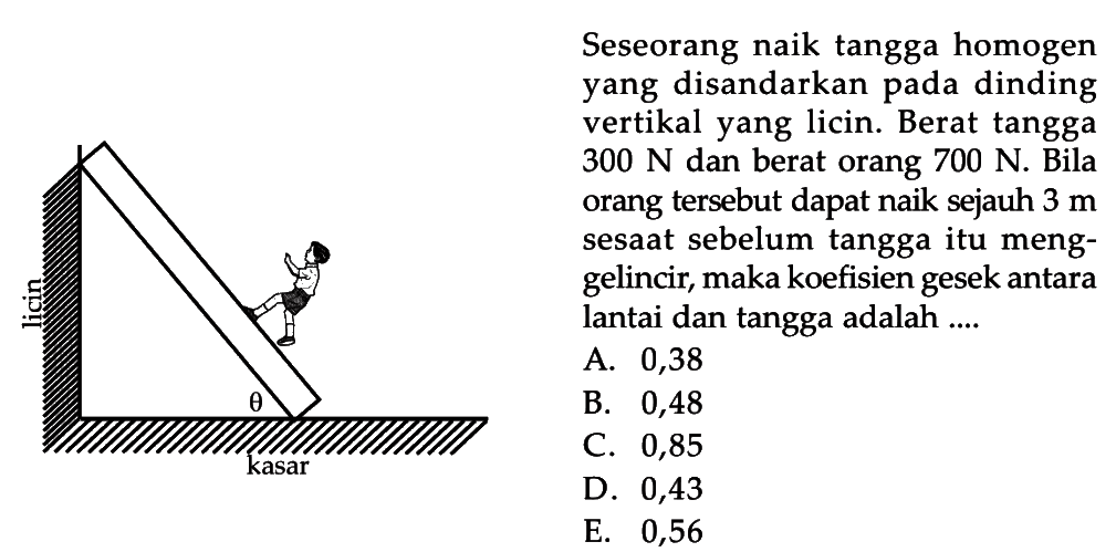 licinthetakasarSeseorang naik tangga homogen yang disandarkan pada dinding vertikal yang licin. Berat tangga 300 N dan berat orang 700 N. Bila orang tersebut dapat naik sejauh 3 m sesaat sebelum tangga itu menggelincir, maka koefisien gesek antara lantai dan tangga adalah ....
