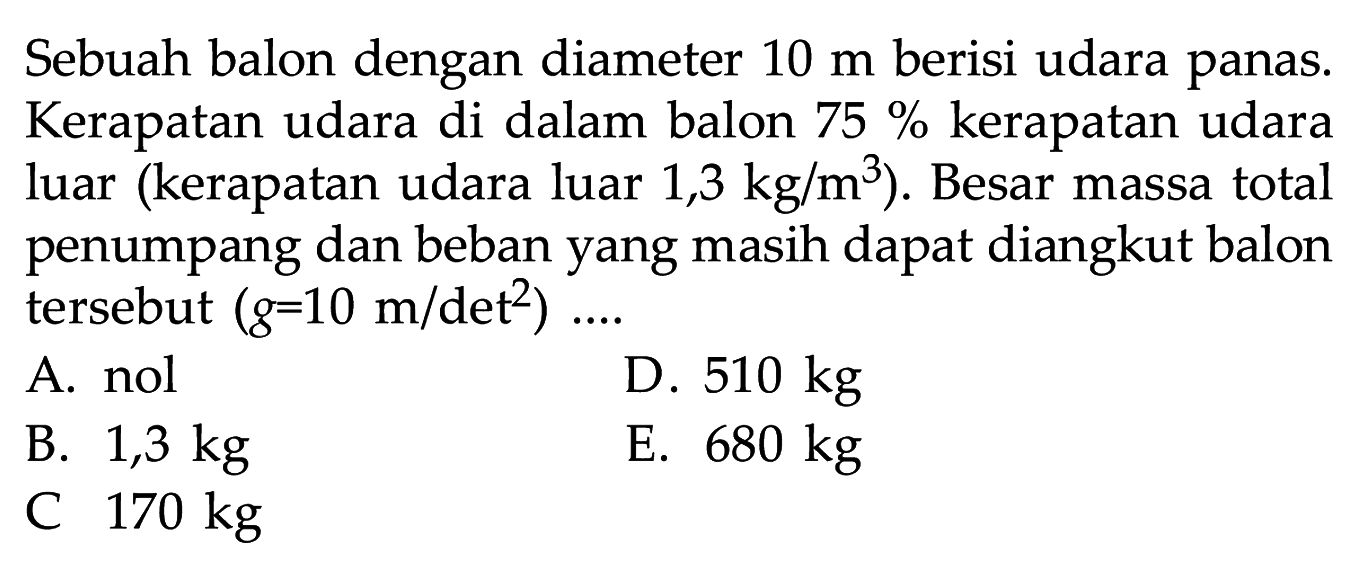 Sebuah balon dengan diameter 10 m berisi udara panas. Kerapatan udara di dalam balon 75 % kerapatan udara luar (kerapatan udara luar 1,3 kg/m^3). Besar massa total penumpang dan beban yang masih dapat diangkut balon tersebut (g = 10 m/det^2) ....