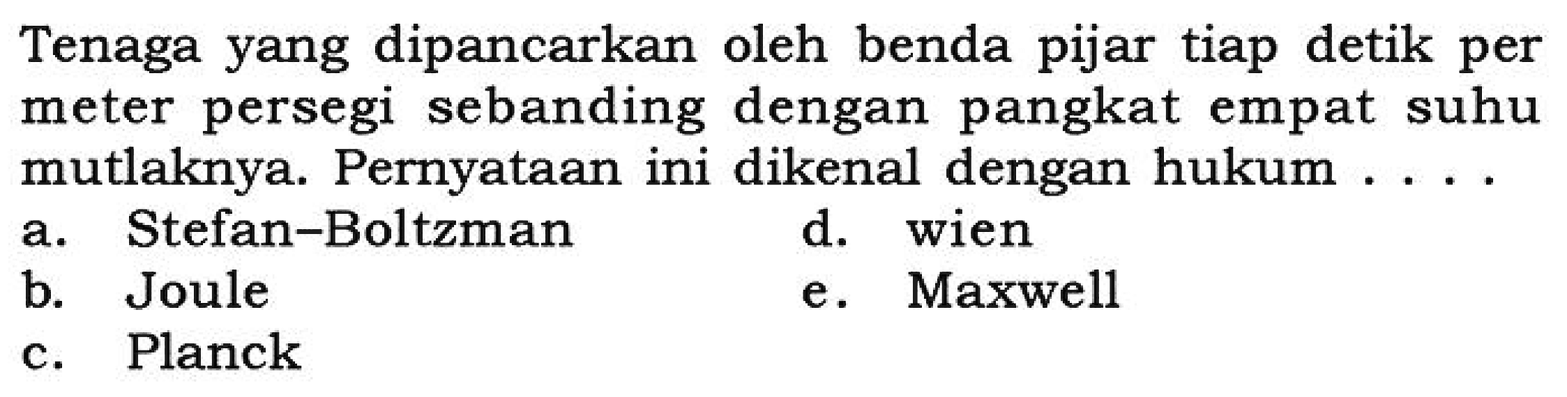 Tenaga yang dipancarkan oleh benda pijar tiap detik per meter persegi sebanding dengan pangkat empat suhu mutlaknya. Pernyataan ini dikenal dengan hukum ...
