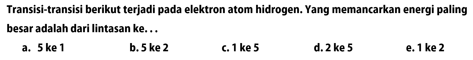 Transisi-transisi berikut terjadi pada elektron atom hidrogen. Yang memancarkan energi paling besar adalah dari lintasan ke ....