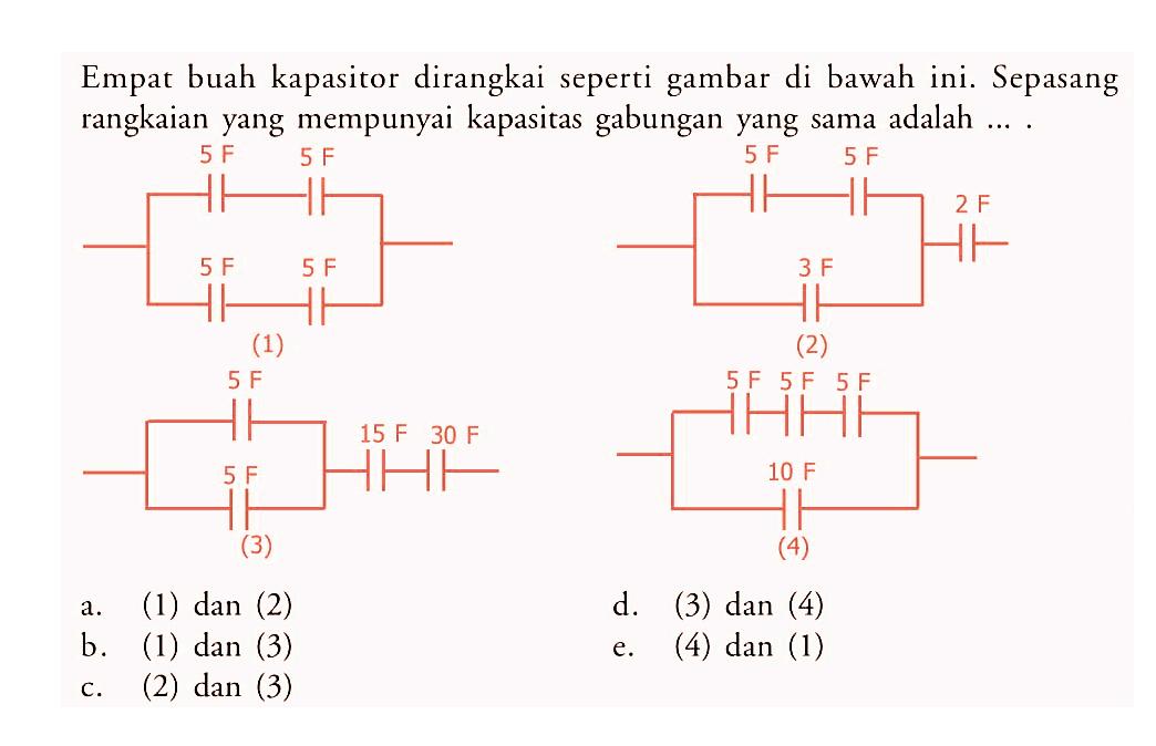 Empat buah kapasitor dirangkai seperti gambar di bawah ini. Sepasang rangkaian yang mempunyai kapasitas gabungan yang sama adalah ....a. (1) dan (2)
d. (3) dan (4)
b. (1) dan (3)
e. (4) dan (1)
c. (2) dan (3)