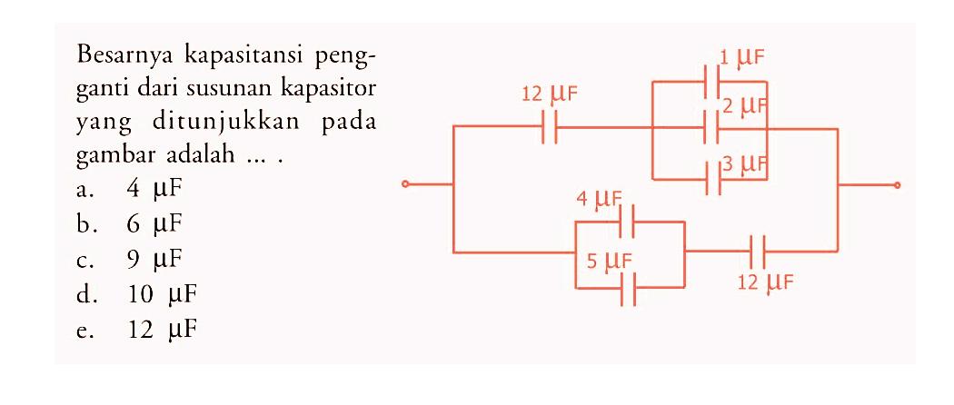 Besarnya kapasitansi pengganti dari susunan kapasitor yang ditunjukkan pada gambar adalah ....1 mikro F12 mikro F  2 mikro F3 mikro F4 mikro F5 mikro F12 mikro F