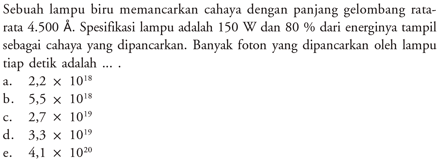 Sebuah lampu biru memancarkan cahaya dengan panjang gelombang ratarata  4.500 A. Spesifikasi lampu adalah 150 W dan 80% dari energinya tampil sebagai cahaya yang dipancarkan. Banyak foton yang dipancarkan oleh lampu tiap detik adalah ....