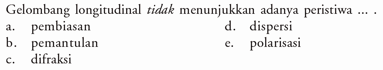 Gelombang longitudinal tidak menunjukkan adanya peristiwa ... . a. pembiasan d. dispersi b. pemantulan e. polarisasi c. difraksi