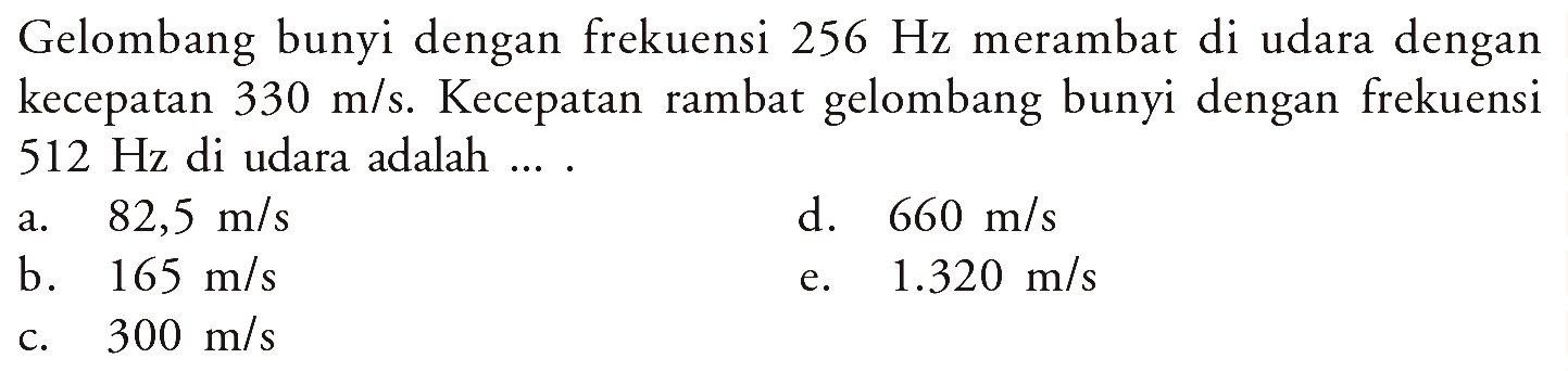 Gelombang bunyi dengan frekuensi 256 Hz merambat di udara dengan kecepatan 330 m / s . Kecepatan rambat gelombang bunyi dengan frekuensi 512 Hz di udara adalah ....