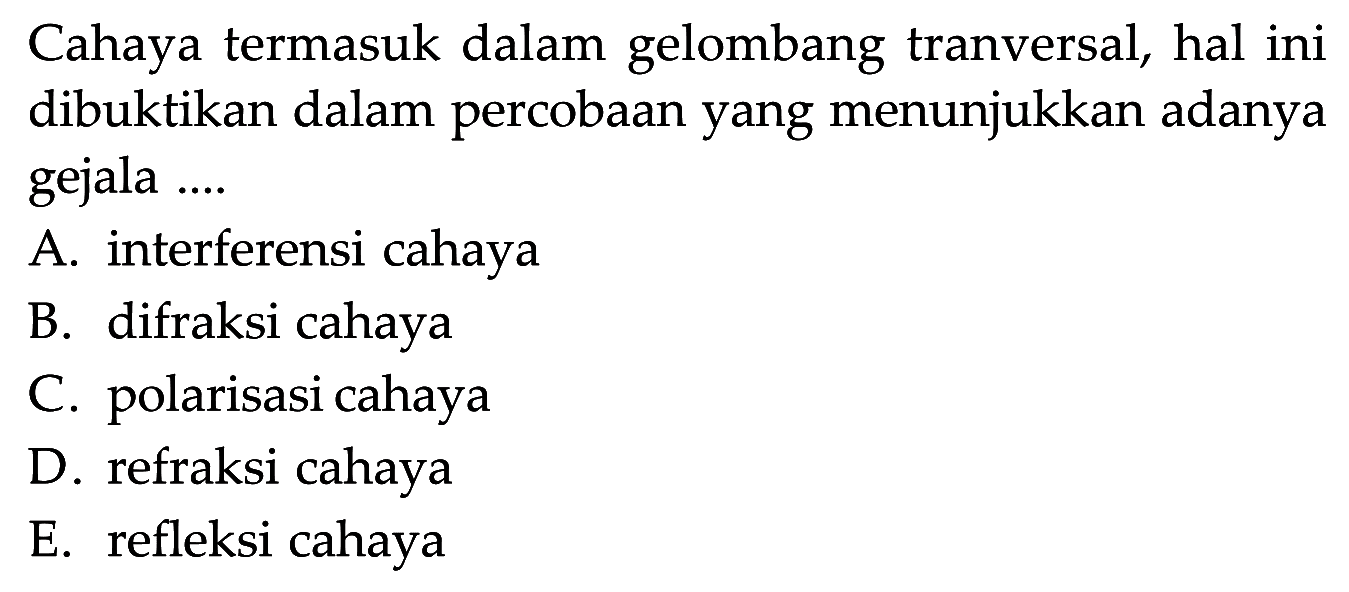 Cahaya termasuk dalam gelombang tranversal, hal ini dibuktikan dalam percobaan yang menunjukkan adanya gejala .... 