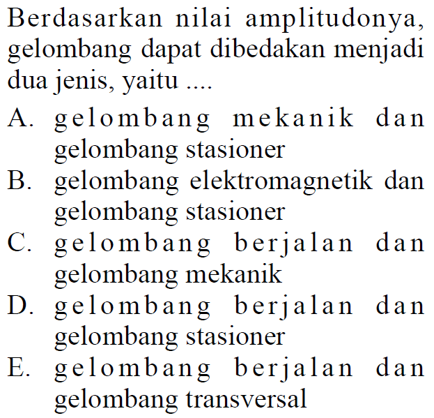 Berdasarkan nilai amplitudonya, gelombang dapat dibedakan menjadi dua jenis, yaitu ....