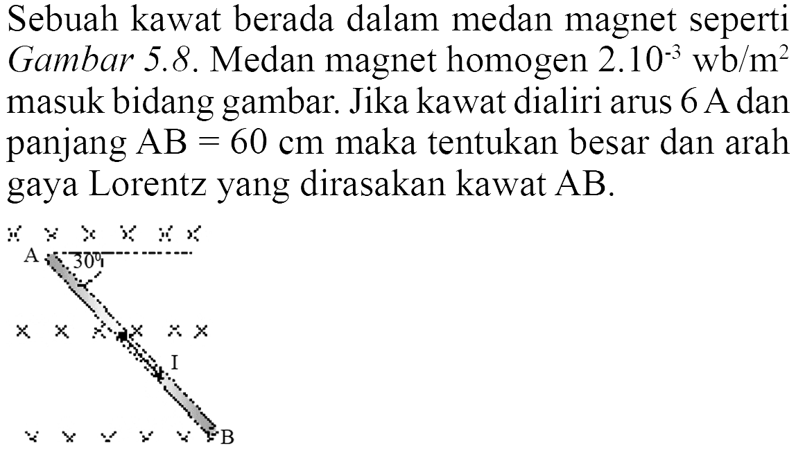 Sebuah kawat berada dalam medan magnet seperti Gambar 5.8. Medan magnet homogen  2.10^(-3) wb/m^2  masuk bidang gambar. Jika kawat dialiri arus 6 A dan panjang  AB=60 cm  maka tentukan besar dan arah gaya Lorentz yang dirasakan kawat AB. A 30 I B 