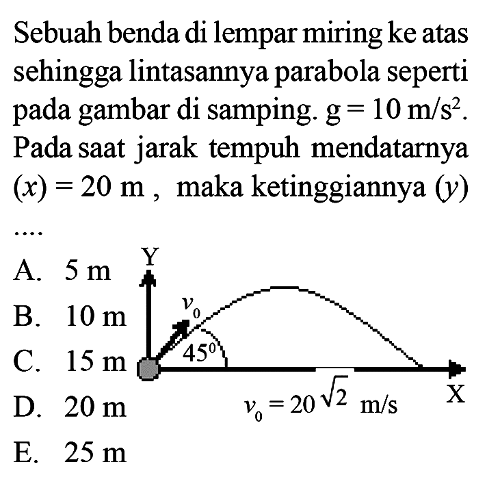 Sebuah benda di lempar miring ke atas sehingga lintasannya parabola seperti pada gambar di samping. g=10 m/s^2. Pada saat jarak tempuh mendatarnya (x)=20 m, maka ketinggiannya (y) .... v0 45 v0=20^akar(2) m/s 