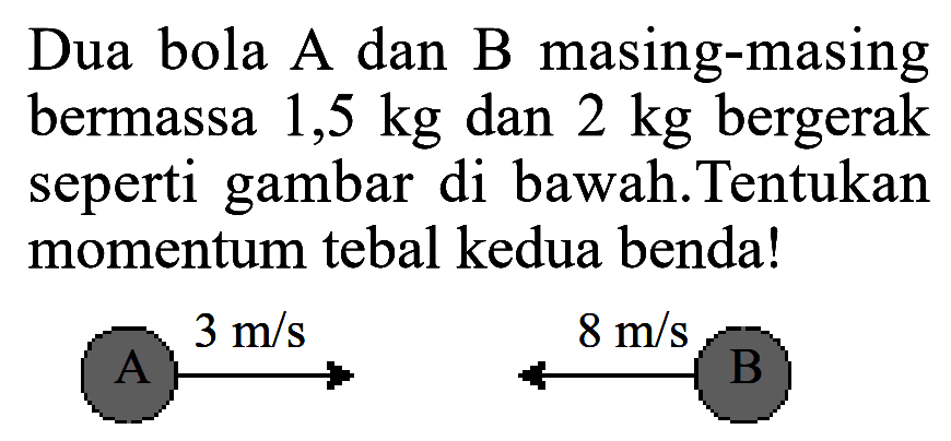 Dua bola A dan B masing-masing bermassa  1,5 kg  dan  2 kg  bergerak seperti gambar di bawah. Tentukan momentum tebal kedua benda!