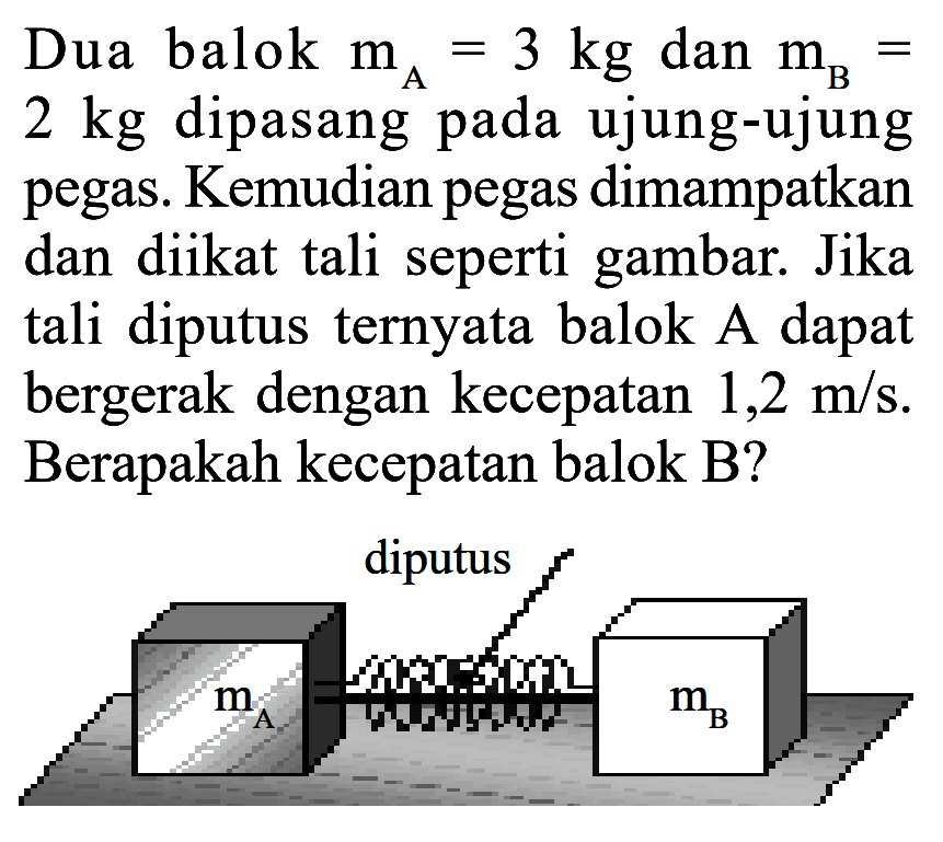 Dua balok mA=3 kg dan mB=2 kg dipasang pada ujung-ujung pegas. Kemudian pegas dimampatkan dan diikat tali seperti gambar. Jika tali diputus ternyata balok A dapat bergerak dengan kecepatan1,2 m/s. Berapakah kecepatan balok B?