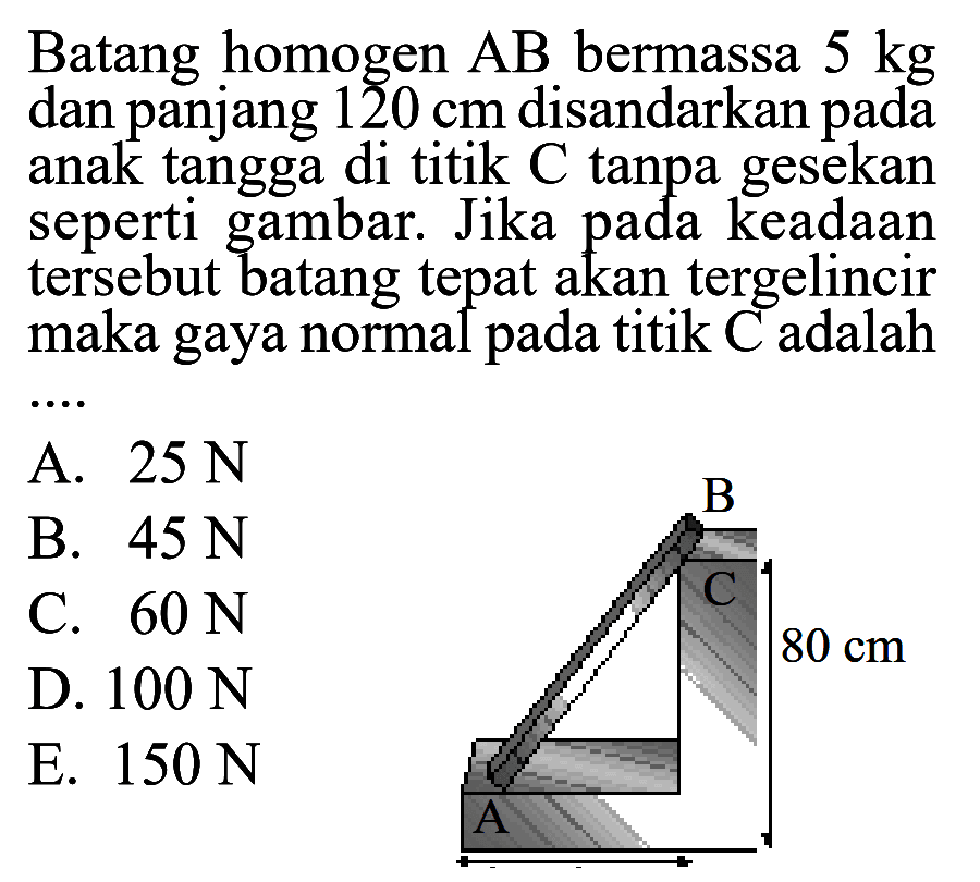 Batang homogen AB bermassa 5 kg dan panjang 120 cm disandarkan pada nak tangga di titik C tanpa gesekan seperti gambar. Jika pada keadaan tersebut batang tepat akan tergelincir maka gaya normal pada titik C adalah ....