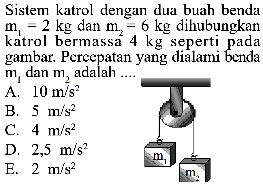 Sistem katrol dengan dua buah benda m1=2 kg dan m2=6 kg dihubungkan katrol bermassa 4 kg seperti pada gambar. Percepatan yang dialami benda m1 dan m2 adalah .... m1 m2 