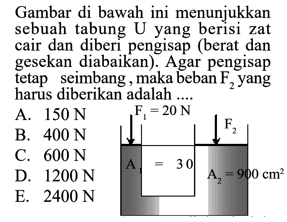 Gambar di bawah ini menunjukkan sebuah tabung U yang berisi zat cair dan diberi pengisap (berat dan gesekan diabaikan). Agar pengisap tetap seimbang, maka beban F2 yang harus diberikan adalah .... F1 = 20 N F2 A1 = 30 A2 = 900 cm^2