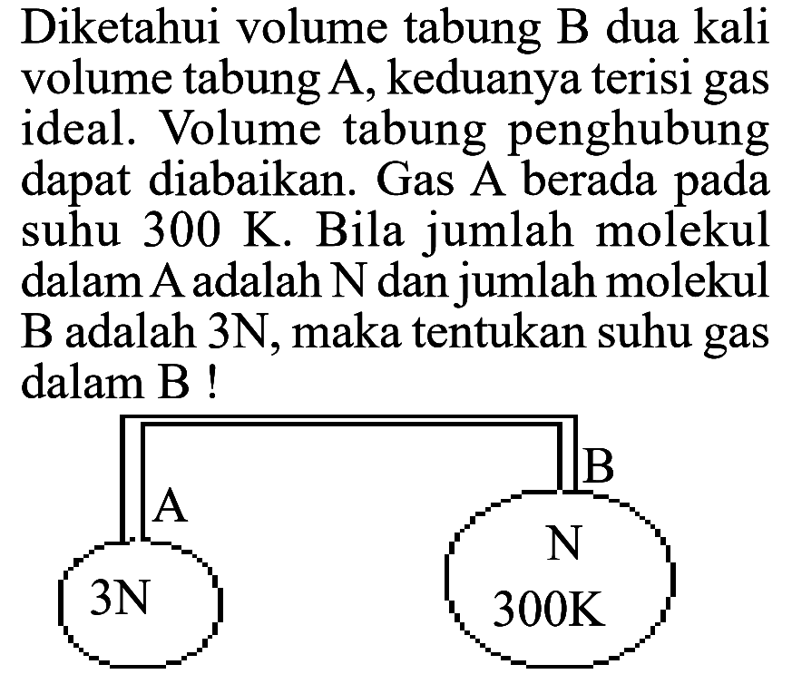 Diketahui volume tabung B dua kali volume tabung A, keduanya terisi gas ideal. Volume tabung penghubung dapat diabaikan. Gas A berada pada suhu 300 K. Bila jumlah molekul dalam A adalah N dan jumlah molekul B adalah 3 N, maka tentukan suhu gas dalam B! 