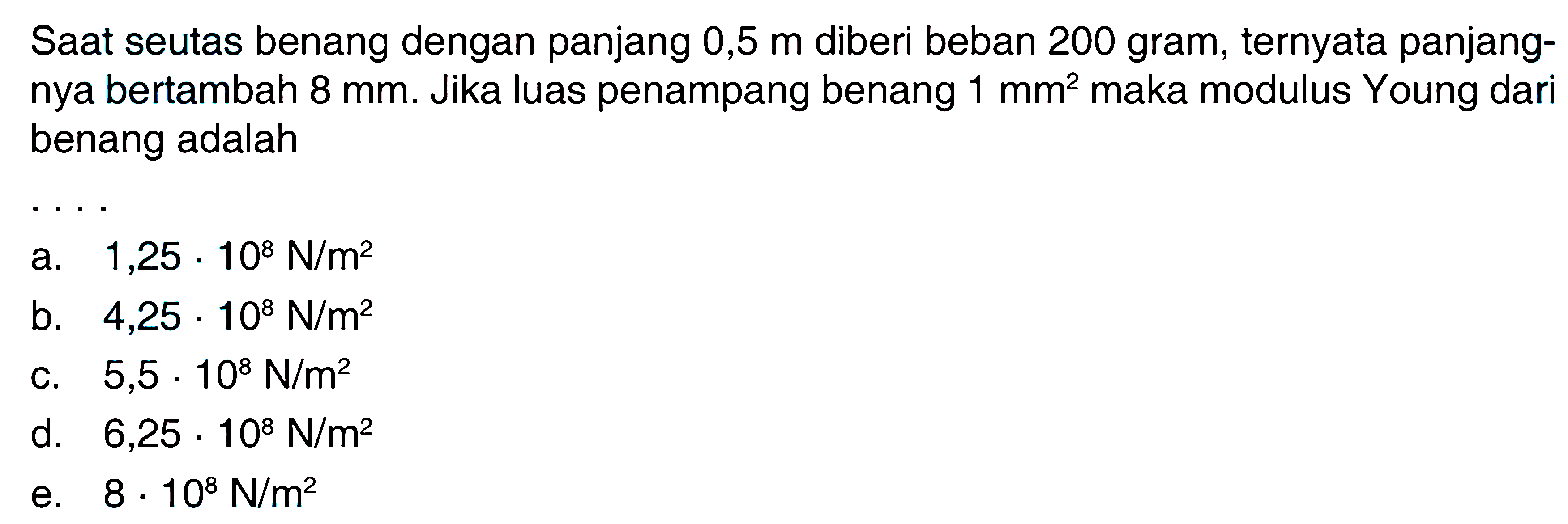 Saat seutas benang dengan panjang 0,5 m diberi beban 200 gram, ternyata panjangnya bertambah 8 mm. Jika luas penampang benang 1 mm^2 maka modulus Young dari benang adalah ...