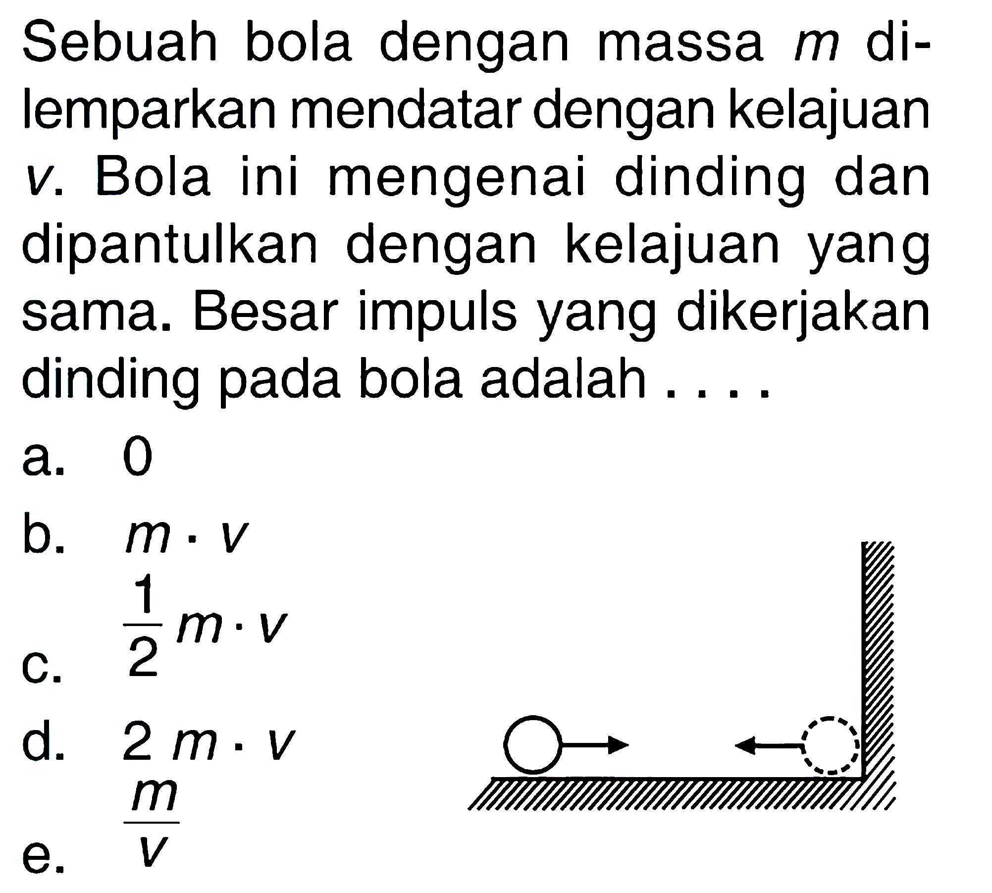 Sebuah bola dengan massa  m  dilemparkan mendatar dengan kelajuan v. Bola ini mengenai dinding dan dipantulkan dengan kelajuan yang sama. Besar impuls yang dikerjakan dinding pada bola adalah ....