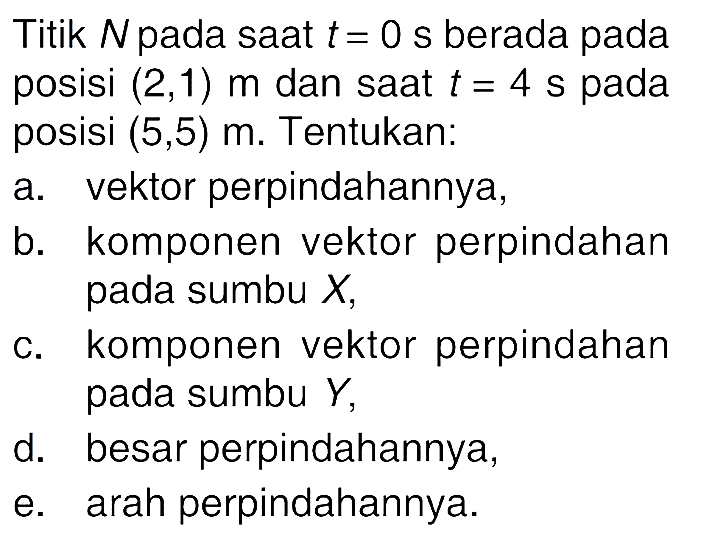 Titik N pada saat t = 0 s berada pada posisi (2,1) m dan saat t = 4 s pada posisi (5,5) m. Tentukan: a. vektor perpindahannya, b. komponen vektor perpindahan pada sumbu X, c. komponen vektor perpindahan pada sumbu Y, d. besar perpindahannya, e. arah perpindahannya.