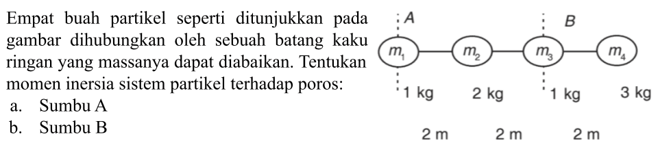 Empat buah partikel seperti ditunjukkan padagambar dihubungkan oleh sebuah batang kakuringan yang massanya dapat diabaikan. Tentukanmomen inersia sistem partikel terhadap poros: A m1 1 kg 2 m m2 2 kg 2 m m3 1 kg 2 m B m4 3 kg a. Sumbu A b. Sumbu B 