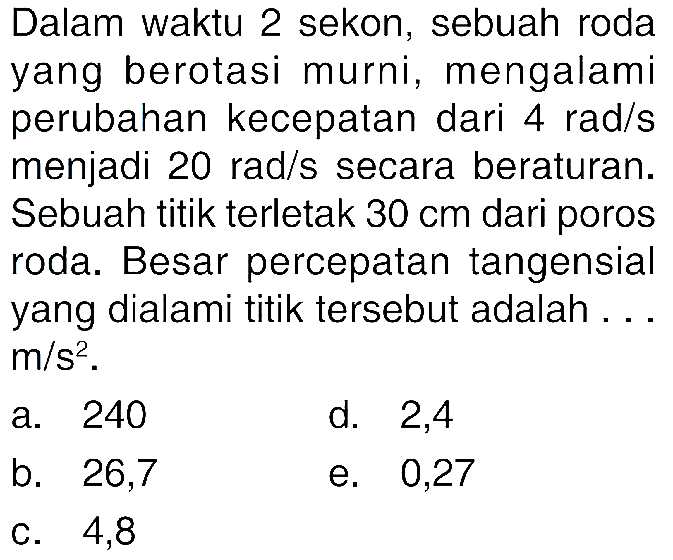 Dalam waktu 2 sekon, sebuah roda yang berotasi murni, mengalami perubahan kecepatan dari 4 rad/s menjadi 20 rad/s secara beraturan. Sebuah titik terletak 30 cm dari poros roda. Besar percepatan tangensial yang dialami titik tersebut adalah... m/s^2. 