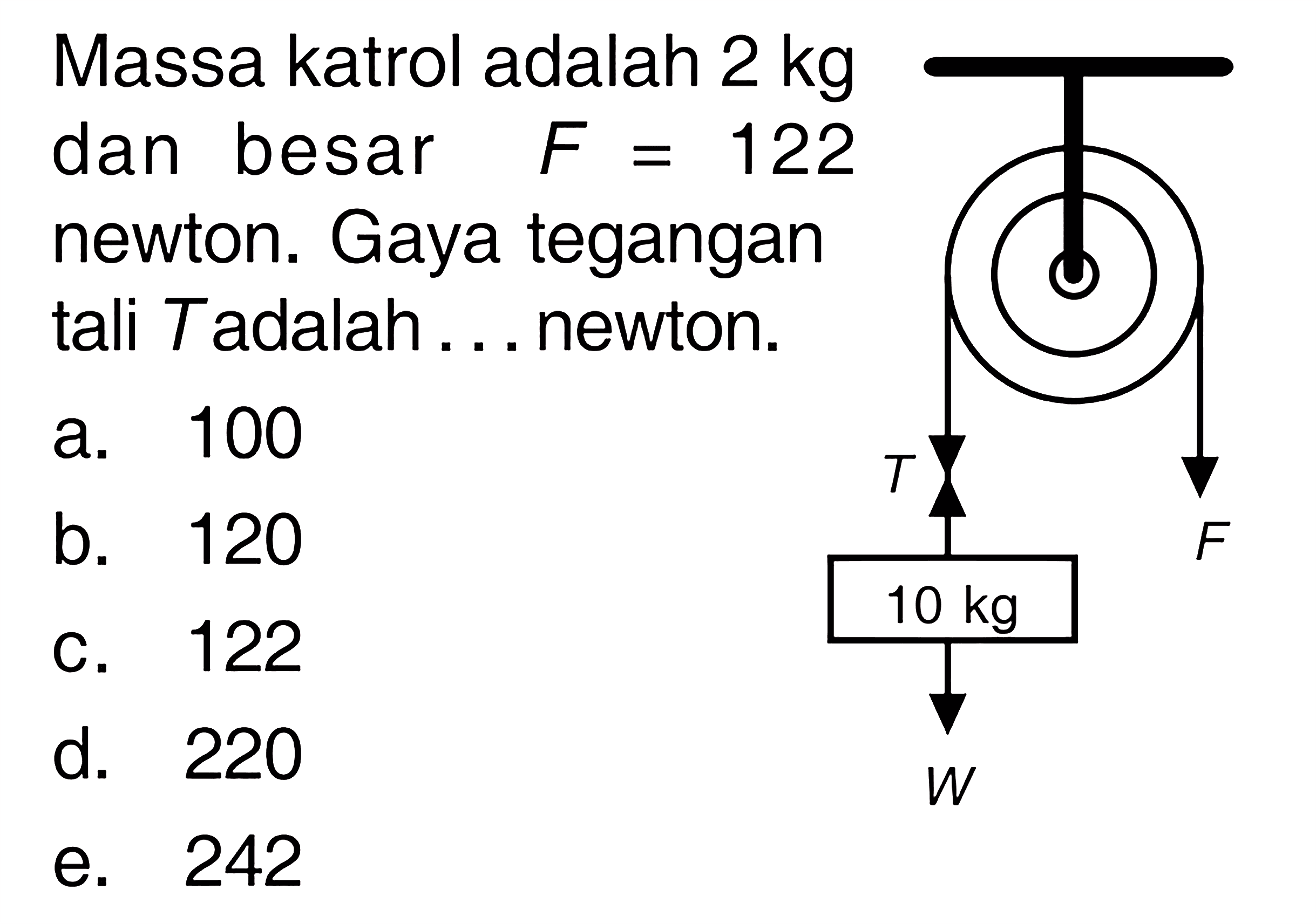 Massa katrol adalah 2 kg dan besar F=122 newton. Gaya tegangan tali T adalah ... newton. w 10 kg T F 