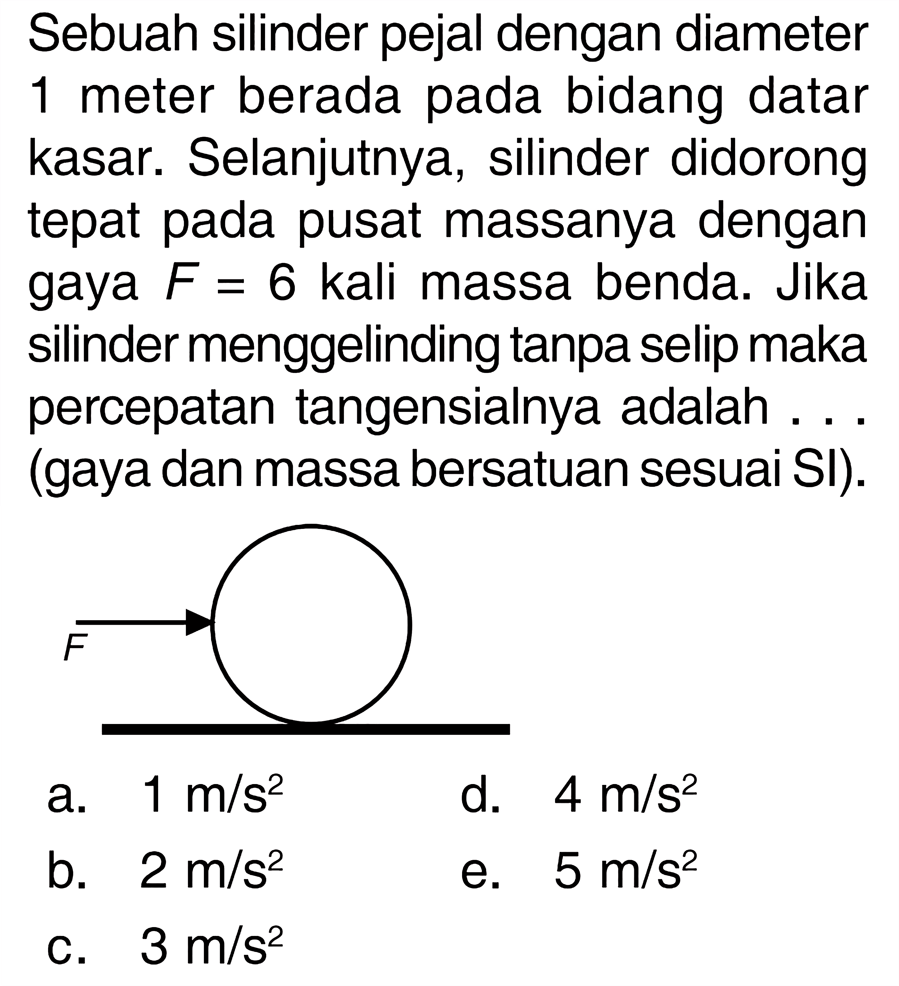 Sebuah silinder pejal dengan diameter 1 meter berada pada bidang datar kasar. Selanjutnya, silinder didorong tepat pada pusat massanya dengan F = 6 kali massa benda. Jika silinder menggelinding tanpa selip maka percepatan tangensialnya adalah . . . (gaya dan massa bersatuan sesuai SI). F 