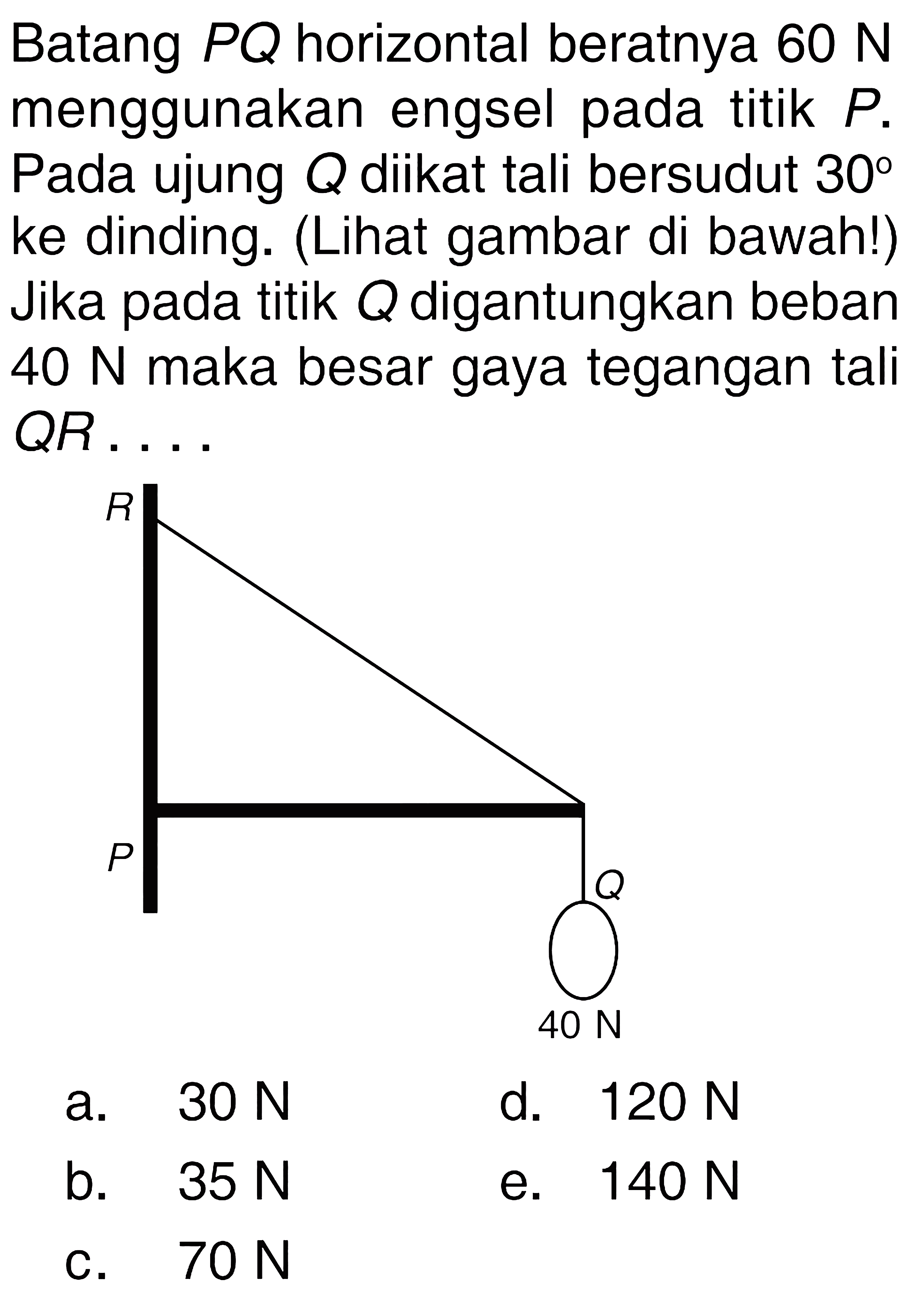 Batang PQ horizontal beratnya 60 N menggunakan engsel pada titik P. Pada ujung Q diikat tali bersudut 30 ke dinding. (Lihat gambar di bawah!) Jika pada titik Q digantungkan beban 40 N maka besar gaya tegangan tali QR . . . . R P Q 40 N 