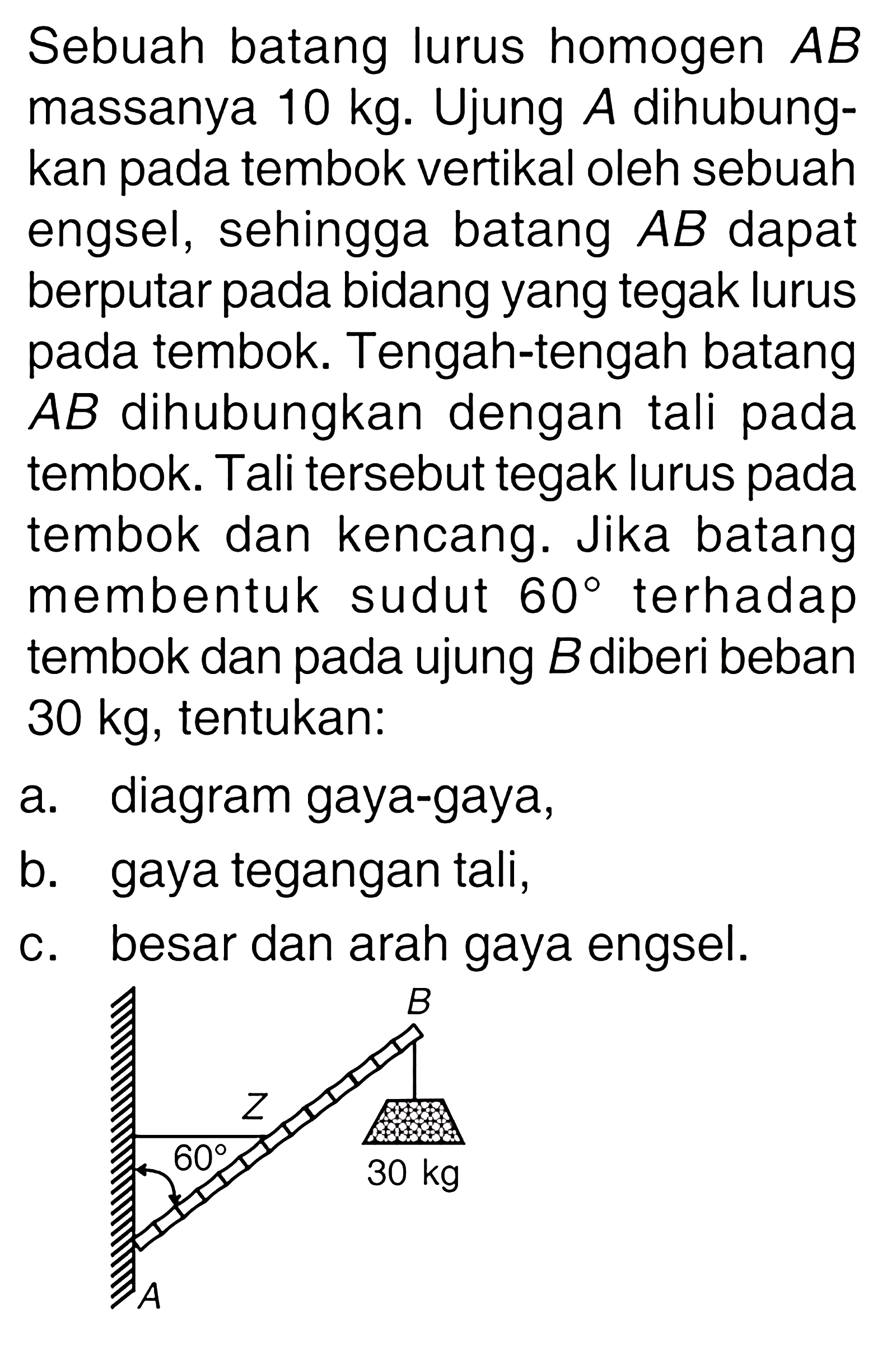 Sebuah batang lurus homogen AB massanya 10 kg. Ujung A dihubung- kan pada tembok vertikal oleh sebuah engsel, sehingga batang AB dapat berputar pada bidang yang tegak lurus pada tembok. Tengah-tengah batang AB dihubungkan dengan tali pada tembok. Tali tersebut tegak lurus pada tembok dan kencang. Jika batang membentuk sudut 60 terhadap tembok dan pada ujung B diberi beban 30 kg, tentukan: a. diagram gaya-gaya, b. gaya tegangan tali, c. besar dan arah gaya engsel.