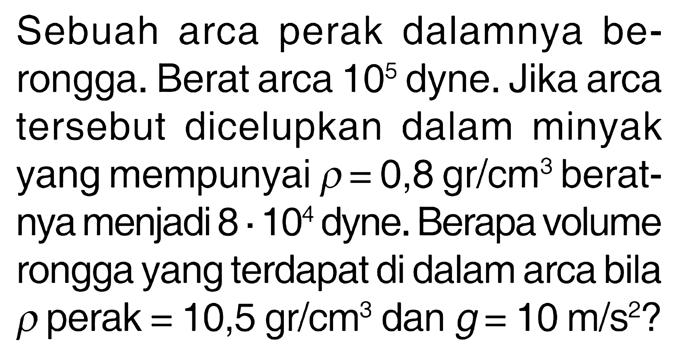 Sebuah arca perak dalamnya berongga. Berat arca 10^5 dyne. Jika arca tersebut dicelupkan dalam minyak yang mempunyai rho=0,8 gr/cm^3 beratnya menjadi 8.10^4 dyne. Berapa volume rongga yang terdapat di dalam arca bila rho perak =10,5 gr/cm^3 dan g=10 m/s^2? 