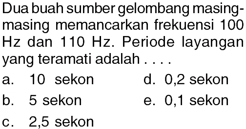 Dua buah sumber gelombang masingmasing memancarkan frekuensi 100  Hz dan 110 Hz. Periode layangan yang teramati adalah ....