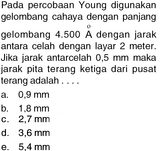 Pada percobaan Young digunakan gelombang cahaya dengan panjang gelombang 4.500 A dengan jarak antara celah dengan layar 2 meter. Jika jarak antarcelah 0,5 mm maka jarak pita terang ketiga dari pusat terang adalah ....