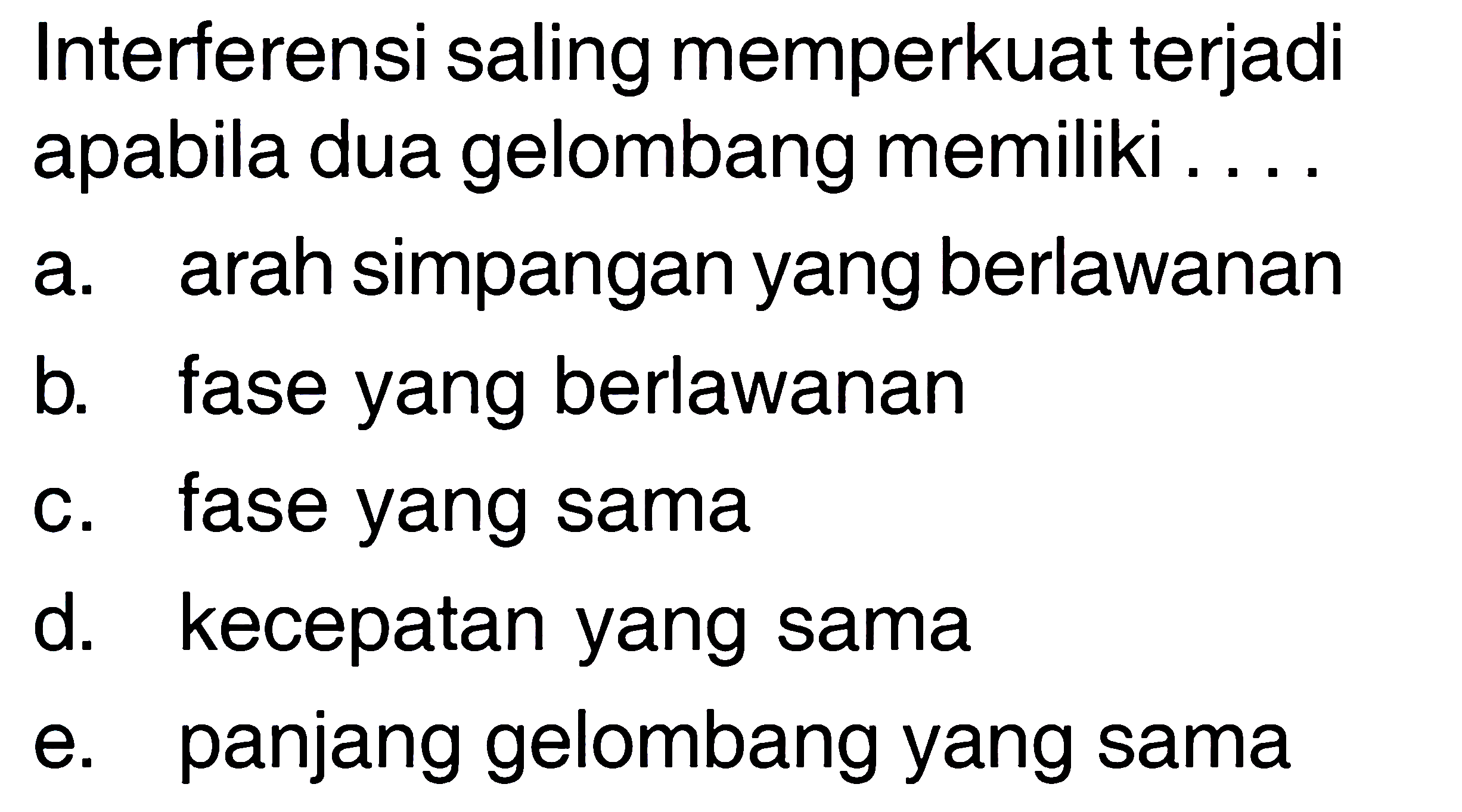 Interferensi saling memperkuat terjadi apabila dua gelombang memiliki ....