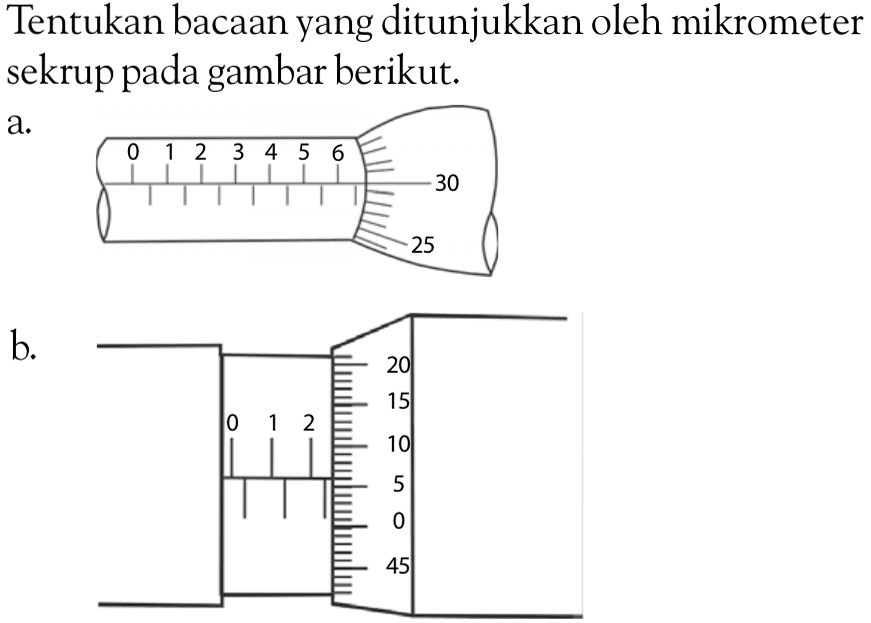 Tentukan bacaan yang ditunjukkan oleh mikrometer sekrup pada gambar berikut. a. b.