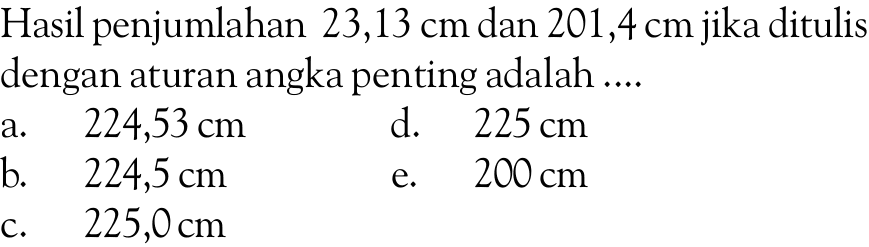 Hasil penjumlahan 23,13 cm dan 201,4 cm jika ditulis dengan aturan angka penting adalah .... 